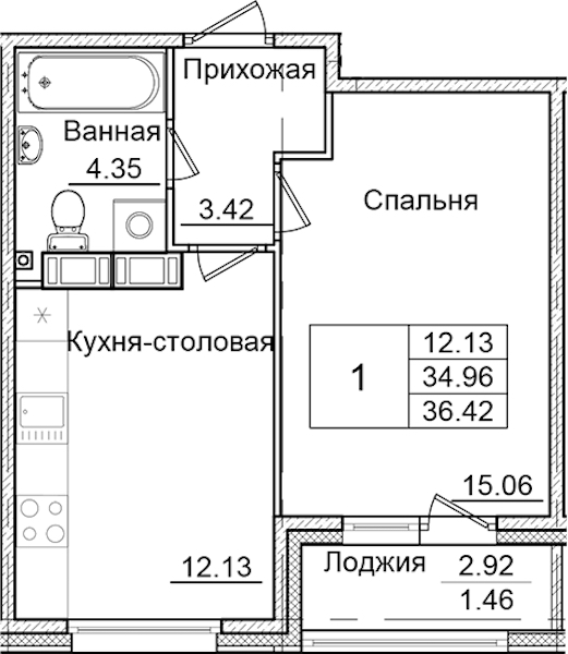 1-комнатная квартира 36.42 м², 9/9 эт., ЖК «Квартал Заречье»